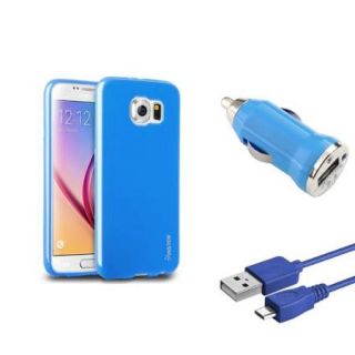 Insten Blue Jelly TPU Rubber Gel Case+3FT Micro USB Cable+Mini Car Charger For Samsung Galaxy S6