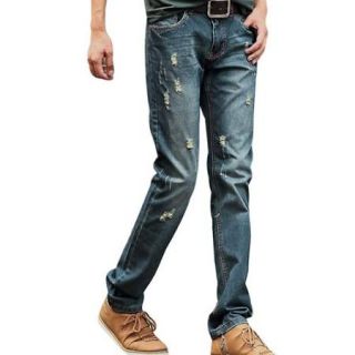 Cool Men Studs Decor Slant Pockets Hip Pocket Faded Dark Blue Slim Jeans W31
