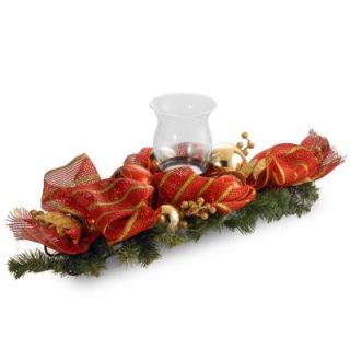 National Tree Company 30 in. Red Ribbon with Gold Stripes Hurricane Glass Lantern Candle Centerpiece DC3 166 30C A