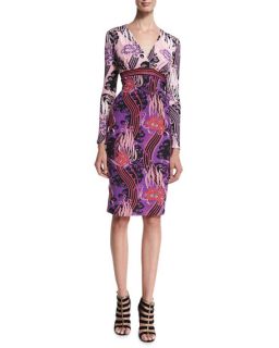 Roberto Cavalli Long Sleeve Floral Print Sheath Dress, Red/Pink/Purple