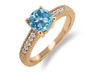 1.65 Ct Round Swiss Blue Topaz White Sapphire 18K Rose Gold Plated Silver Ring 