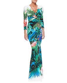Roberto Cavalli Mustique Tropical Floral Print 3/4 Sleeve Gown