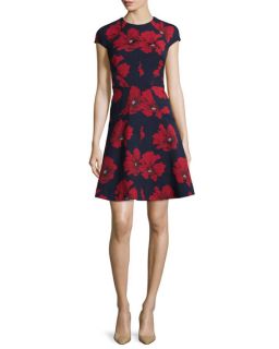 Lela Rose Blair Cap Sleeve Floral Print Dress, Navy/Poppy