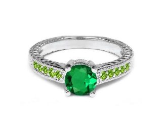 1.20 Ct Round Green Nano Emerald Peridot 18K White Gold Engagement Ring 