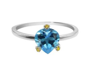 1.62 Ct Heart Shape Swiss Blue Topaz Canary Diamond 14K White Gold Ring 