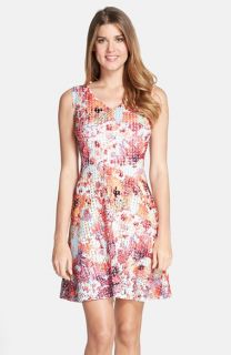 ECI Perforated Floral Print Fit & Flare Dress