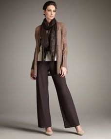 Eileen Fisher Alpaca Cardigan, Shimmery Wrap, Stretch Silk Shell & Washable Crepe Straight Leg Pants