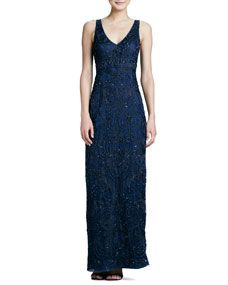 Sue Wong Embroidered V Neck Gown, Navy
