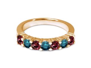 1.33 Ct Red Rhodolite Garnet Blue Diamond 14K Yellow Gold Wedding Band Ring 