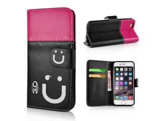 Cute Smile Face Dual Color Magnetic Stand Leather Case with Card Holder for iPhone 6 4.7 inch   Red/Pink