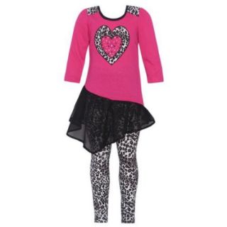 Little Girls Fuchsia Leopard Print Asymmetric Hem Heart Dress Legging Set 4T