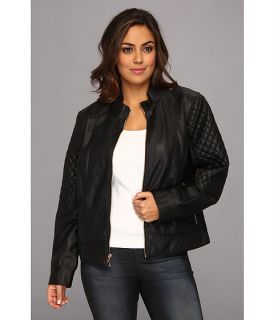 Jessica Simpson Plus Size Quilted Faux Leather Moto Jacket With Band Collar Black,