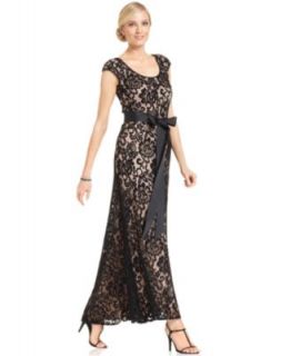 Betsy & Adam Dress, Cap Sleeve Belted Lace Gown