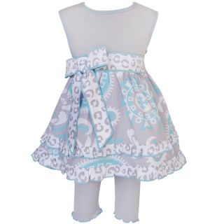 AnnLoren Girls Blue and Grey Floral Dress and Capri Legging Outfit