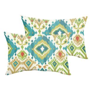 Selena Blue Green Ikat Indoor/ Outdoor Corded Lumbar Pillows (Set of 2