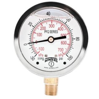 Winters Instruments PFQ Series 2.5 in. Stainless Steel Liquid Filled Case Pressure Gauge with 1/4 in. NPT LM and 30 in. Hg 0 100 psi/kPa PFQ791