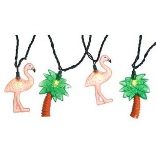 Set of 10 Flamingo & Palm Tree Summer Patio Novelty Christmas Lights  Green Wire