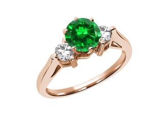 0.94 Ct Round Green Simulated Emerald 925 Rose Gold Plated Silver 3 Stone Ring