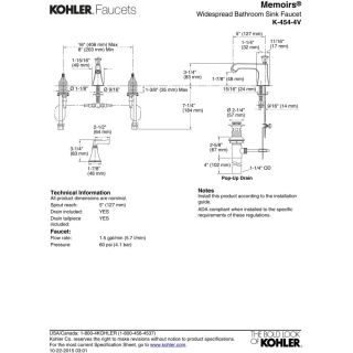 Kohler K 454 4V CP Memoirs Polished Chrome  Two Handle Widespread Bathroom Faucets